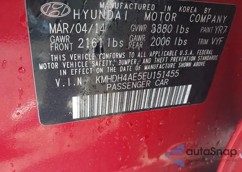 2014 Hyundai Elantra Se z USA, uszkodzony, nr VIN KMHDH4AE5EU151455
